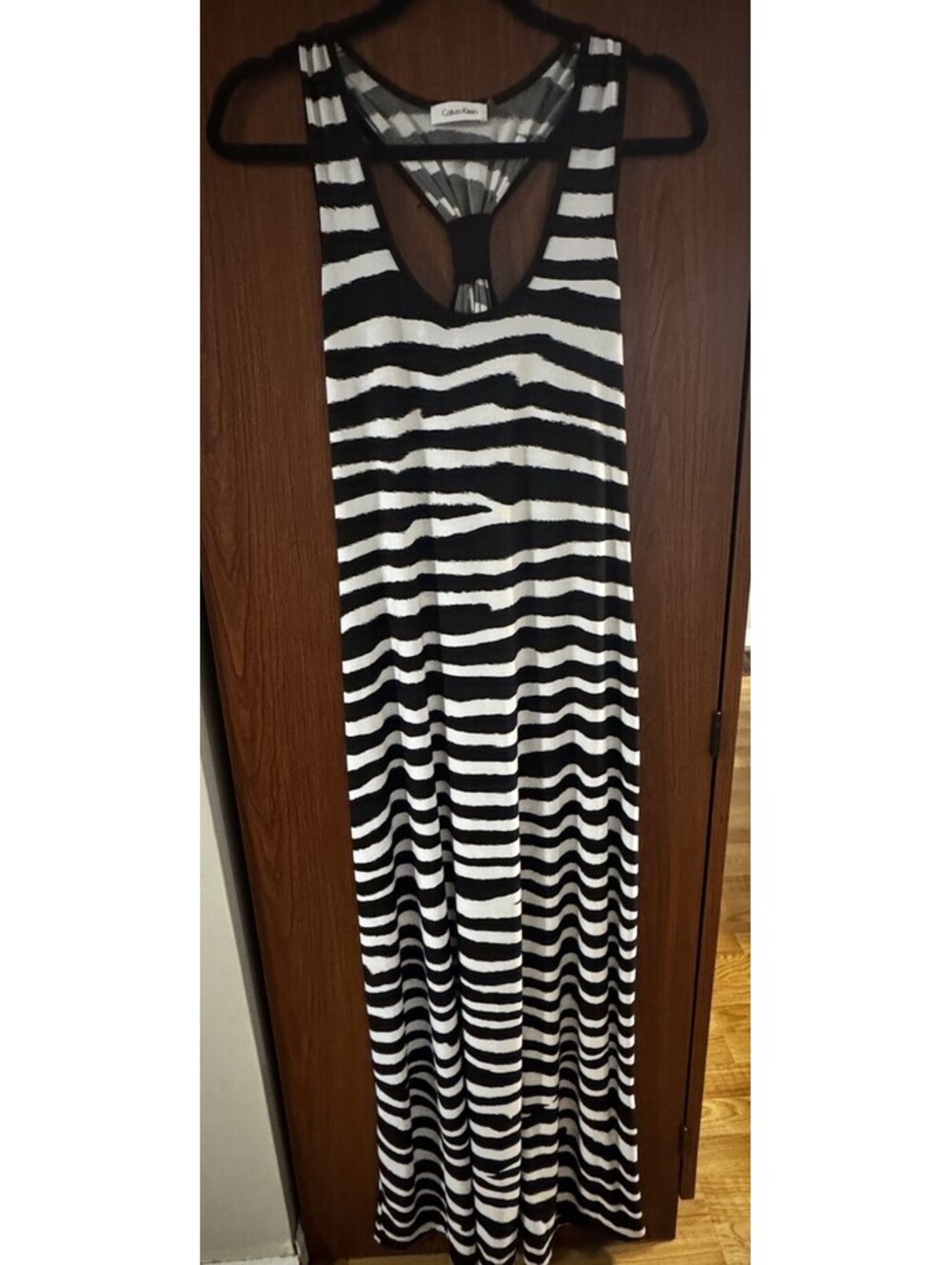 Calvin Klein Maxi Dress Womens 12 Black White Striped Racerback Sleeveless